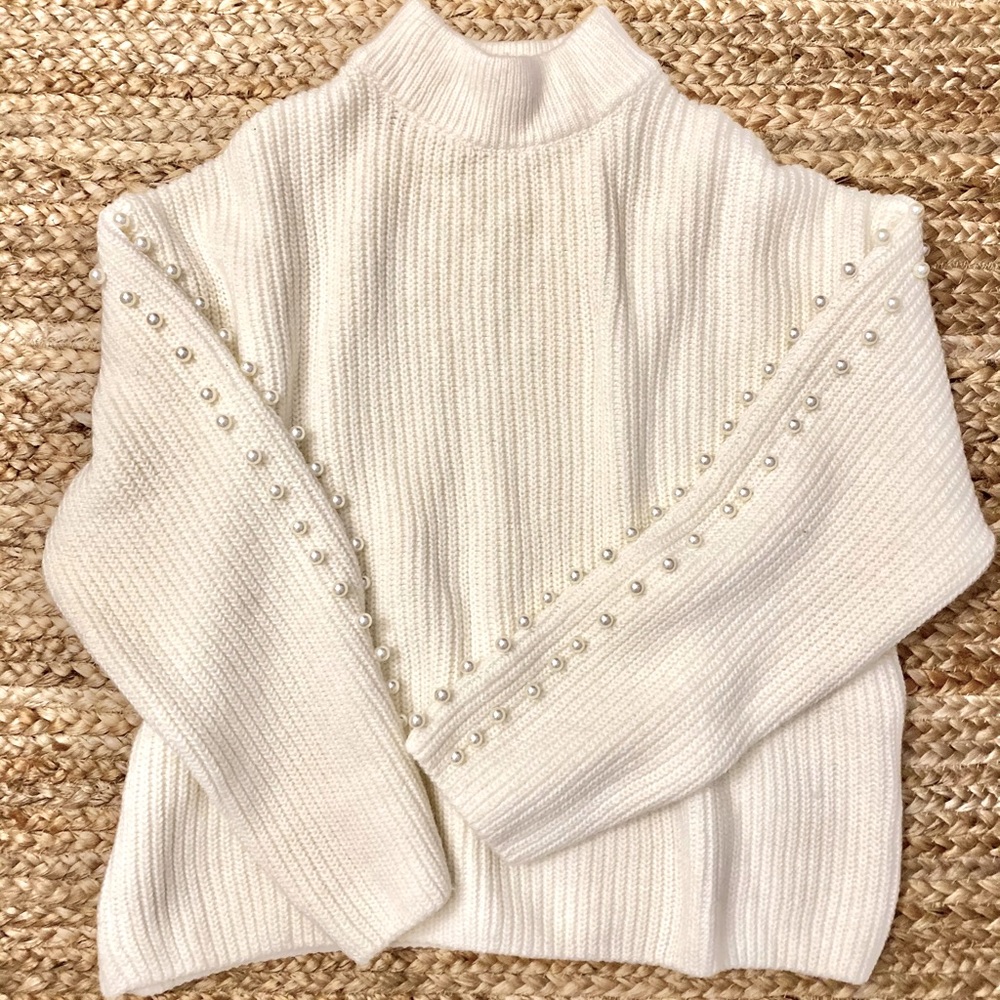 H&M Ivory Turtleneck Sweater with Pearl Accents XS